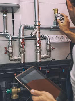 The technician checking the heating system in the boiler room with tablet in hand